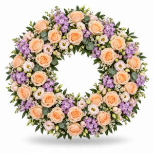 Coroa Luz de Pêssego – Rosas, Lisianthus e Matthiola