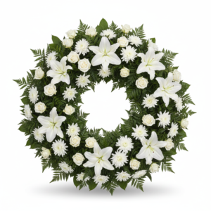 Coroa Pureza Eterna – Lírios Brancos, Rosas e Crisântemos