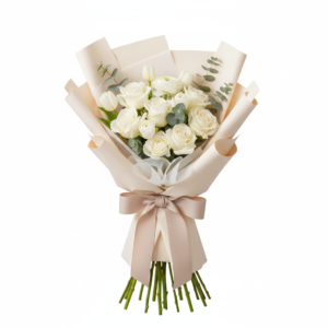 Ramo Pureza – Rosas Brancas, Ranúnculos e Tulipas