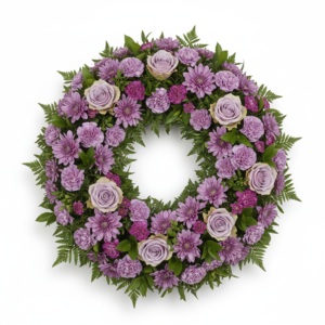 Coroa Serenidade Lilás – Rosas, Crisântemos e Cravos