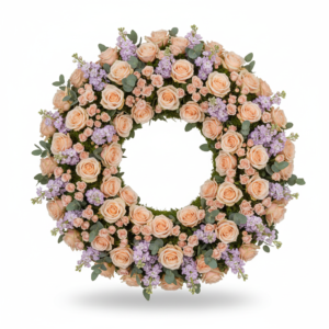 Coroa Luz de Pêssego – Rosas, Matthiola e Eucalipto