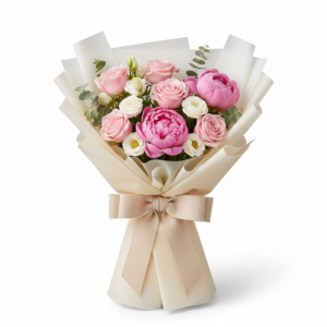 Ramo Doce Encanto – Peónias e Rosas Rosa em Tons Pastel