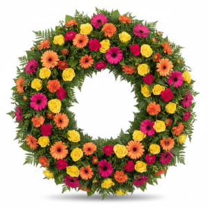 Coroa Celebração da Vida – Gérberas, Rosas e Cravos