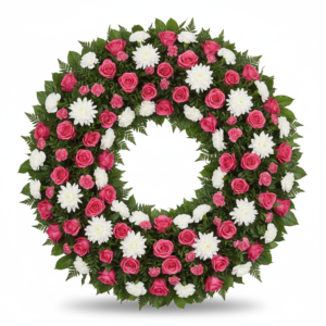Coroa Ternura – Rosas Pink e Crisântemos Brancos