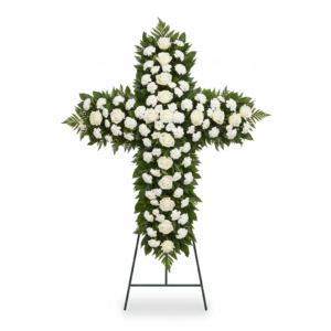 Cruz Fúnebre Luz Eterna — Rosas e Cravos Brancos com Folhagem
