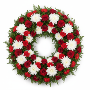 Coroa Homenagem Clássica – Rosas Vermelhas, Cravos e Crisântemos