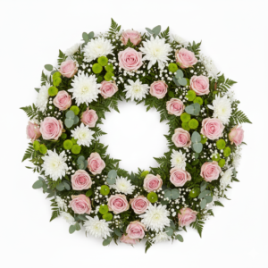 Coroa Rosa Clássico II – Rosas Rosa, Crisântemos e Gypsophila
