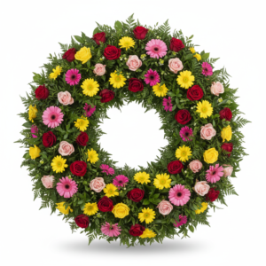 Coroa Jardim de Despedida – Rosas, Gérberas e Flores Silvestres