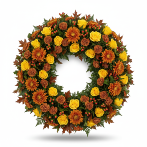 Coroa Memória de Outono – Rosas Amarelas e Crisântemos