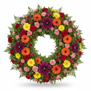 Coroa Arco-Íris de Amor – Gérberas, Dálias e Multi-Flores