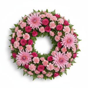 Coroa Doçura Rosa – Dálias Rosa, Cravos e Mini-Rosas
