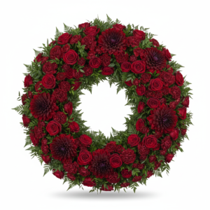 Coroa Paixão Profunda – Rosas Vermelhas, Dálias e Cravos