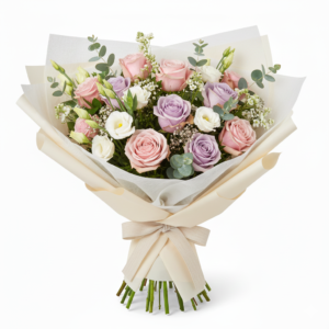 Ramo Sonho Pastel – Rosas Rosa e Lilás com Gypsophila