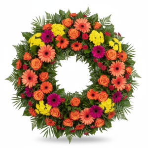 Coroa Pôr do Sol Eterno – Rosas Laranja, Gérberas Coral e Crisântemos