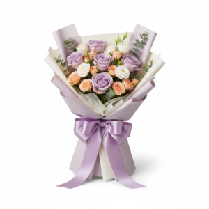 Ramo Fantasia Lilás – Rosas Lilás, Pêssego e Lisianthus