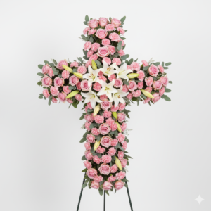 Cruz Fúnebre Graça Celestial — Rosas e Cravos Rosa com Lírios Brancos