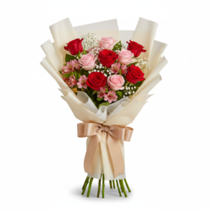 Ramo Two Hearts – Rosas Vermelhas e Rosa com Alstroemérias