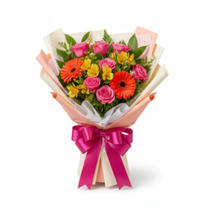 Ramo Alegria Tropical – Rosas Pink, Gérberas e Alstroemérias
