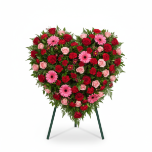 Coração Fúnebre Amor Eterno — Rosas, Gerberas e Cravos Vermelhos e Rosa