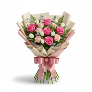 Ramo Princesa – Rosas Pink, Rosas Suave e Tulipas Brancas