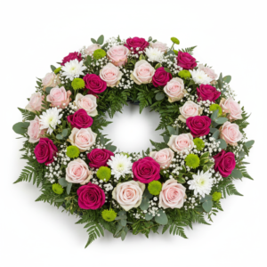 Coroa Ternura em Rosa — Rosas, Crisântemos e Gypsophila