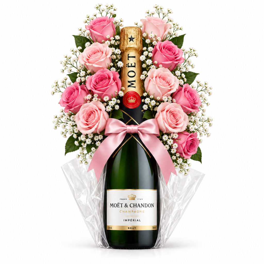 Champanhe Moët com rosas cor-de-rosa e gipsófila
