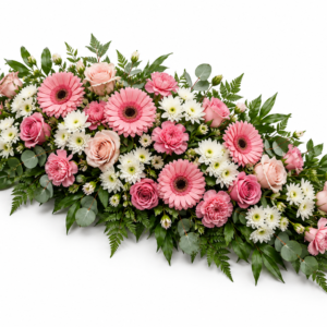 Palma «Ternura em Rosa» – Gérberas, Rosas e Cravos Rosa com Crisântemos Brancos