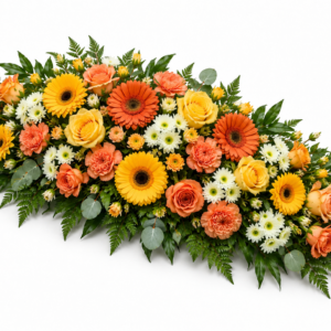 Palma «Luz da Memória» – Gérberas e Rosas Amarelas e Laranja com Cravos
